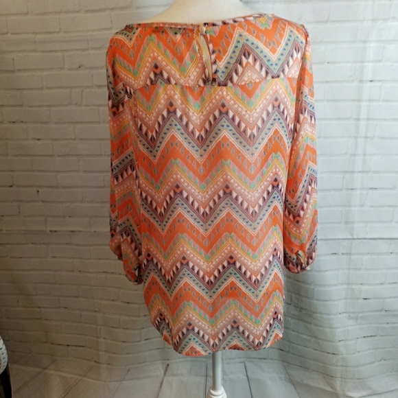 Carrie Allen sheer orange chevron pattern top XL - Picture 2 of 5
